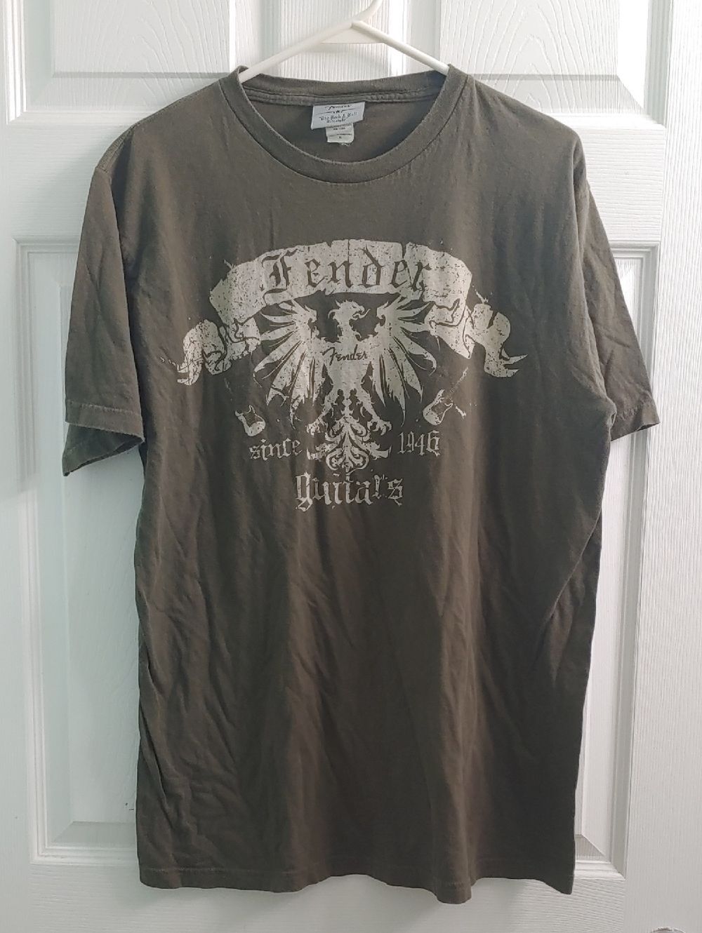 Vintage Fender Y2K T Shirt Unisex XL Olive Green Crest Guitars